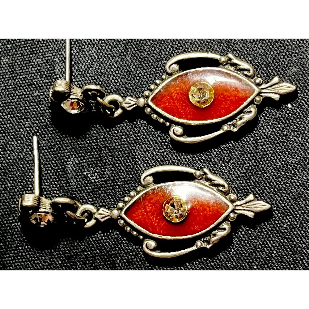 Vintage Pewter Art Nouveau Red Enamel Rhinestone Victorian Dangle Drop Earrings